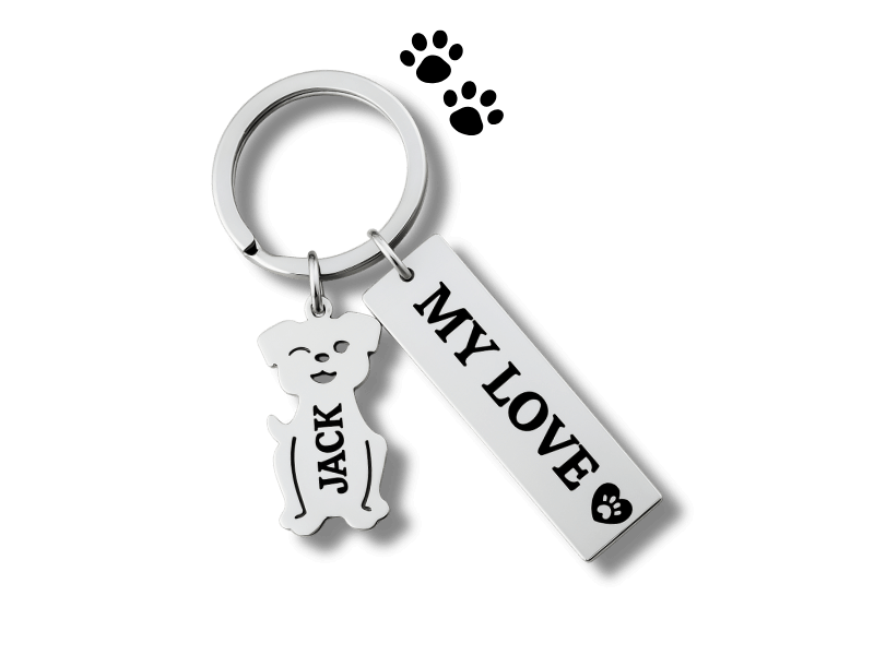 personalisierter silberner hundeschlüsselanhänger mit graviertem namen jack und rechteckiger platte my love